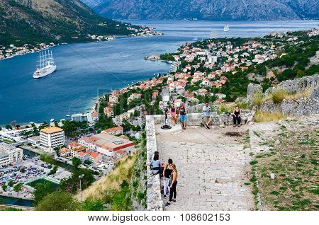 Ancient Fortress Walls Above Kotor And Bay Of Kotor, Montenegro