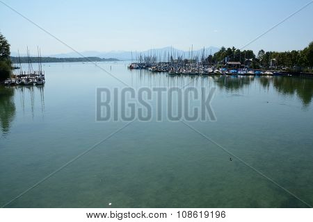 Sailboats In Marina At Chiemsee Lake In Germany