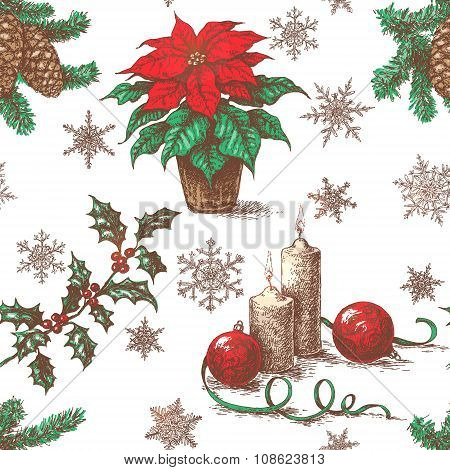 Seamless Pattern With Sketch  Of  Christmas Decorations