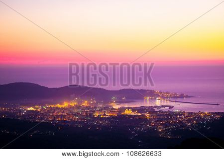 Landscape with the image of Bar panarama, Montenegro,  sunset