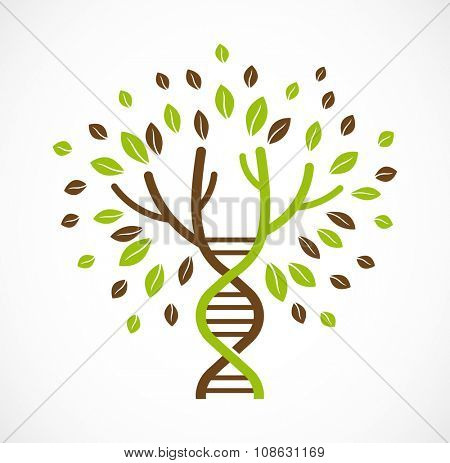 DNA, genetic icon - tree with green leaves