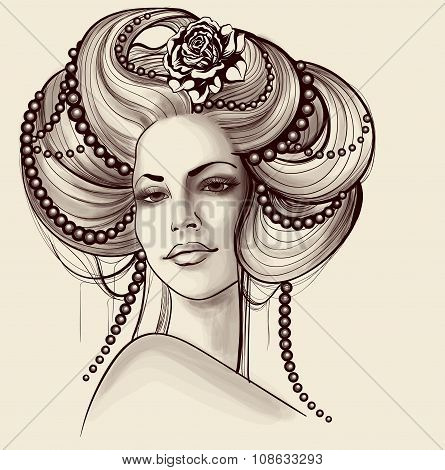 Vintage Young Woman Portrait With Pearls And Roses