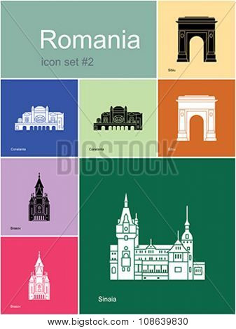 Landmarks of Romania. Set of color icons in Metro style. Editable vector illustration.