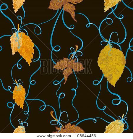 Autumn foliage tied with bows seamless backround