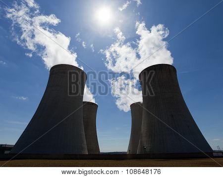 Cooling Towers With Contrejour Lighting And Beautiful Sky