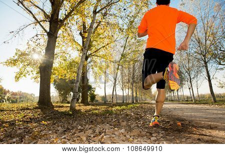 Sport Man With Strong Calves Muscle Running Outdoors In Off Road Trail Ground With Trees Under Beaut