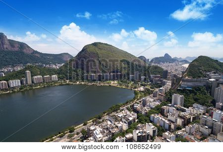 Aerial view of Rodrigo de Freitas Lake in Rio de Janeiro, Brazil.
