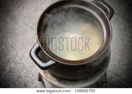 Cooking Soup With Coal Briquette Oven