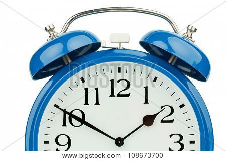 a blue alarm clock on a white background. mikt white dial