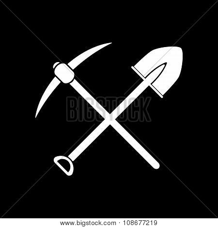 The crossing spade pickax icon. Pickax and excavation, digging, mining symbol. Flat