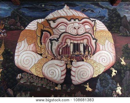 Hanuman Thai painting in temple of emerald Buddha