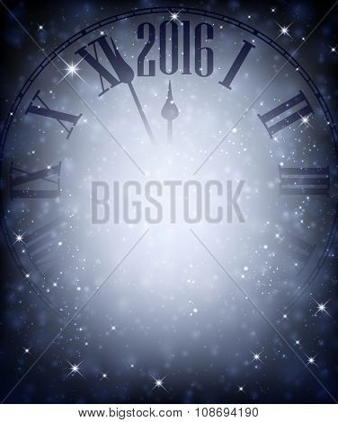 2016 New Year blue background with clock. Vector illustration.