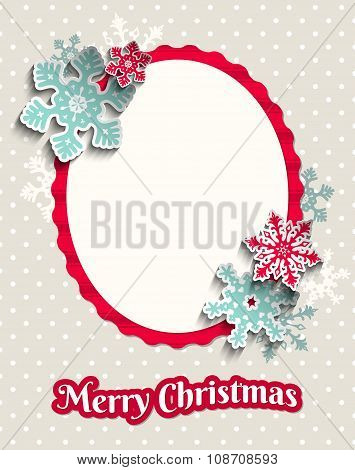 Christams greeting card with colorful snowflakes on beige dotted background, illustration