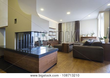 Interior Of A Specious Living Room With Fireplace