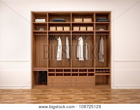 3D Illustration Of Modern Wardrobe With Clothes And Things