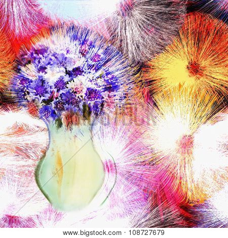 Greeting Card With Bouquet Of Stylized Blue Cornflowers In Vase On Grunge Striped Colorful Backgroun