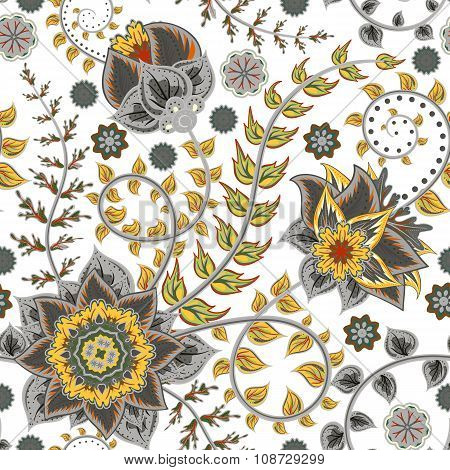 Vector seamless vintage floral pattern. Stylized silhouettes of flowers and leave on a white backgro