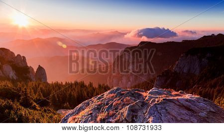 Sunrise On The Mountain Peak Ceahlau