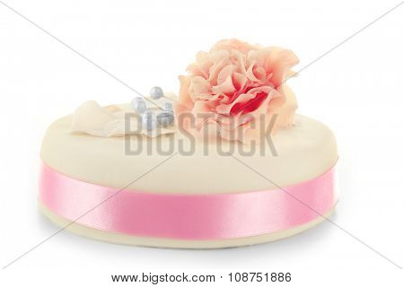Cake with sugar paste flowers, isolated on white