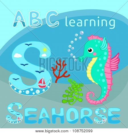 S Is For Seahorse Funny sea animal alphabet S is for Seahorse Cute cartoon seahorse, red coral branc