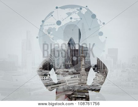 Double Exposure Of Businessman Stands Successfully On Building Top Looking Towards The Future