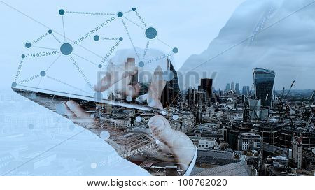 Double Exposure Of Businessman Working With New Modern Computer Show Social Network Structure As Con