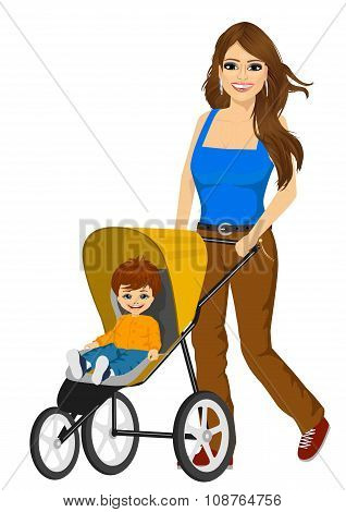 beautiful single mather pushing stroller