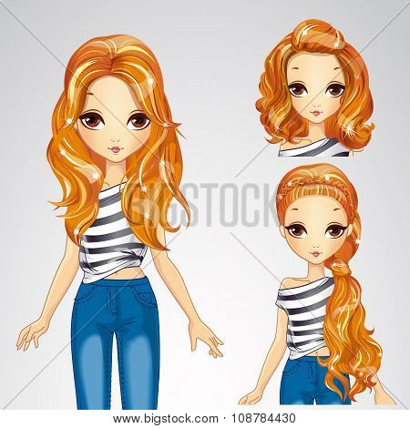 Fashion Girl In Jeens And Collection Of Hairstyles