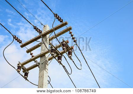 Wire Cables On Electricity Pole In The City For Safety Concept  And Blue Sky Background
