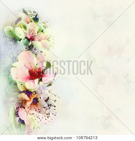 Vintage card with bright spring flowers on hazed light background