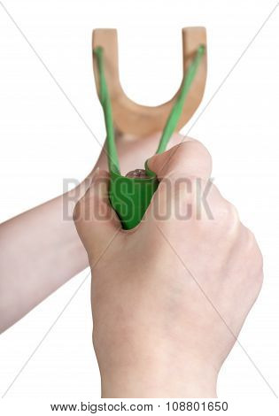 Aiming And Shooting From Wooden Slingshot Isolated