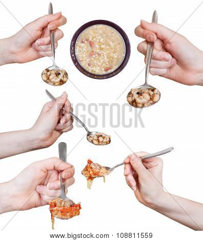 Set Of Hands Holding Spoons With Various Soup