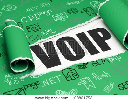 Web development concept: black text VOIP under the piece of  torn paper