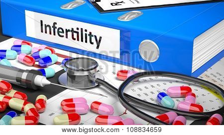 Illustration of doctor's desktop with different pills, capsules, statoscope, syringe, blue folder with label 'Infertility'