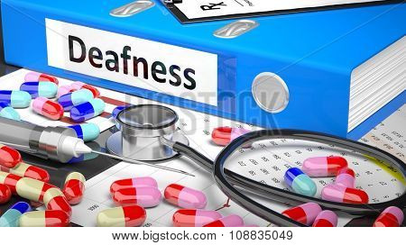 Illustration of doctor's desktop with different pills, capsules, statoscope, syringe, blue folder with label 'Deafness'
