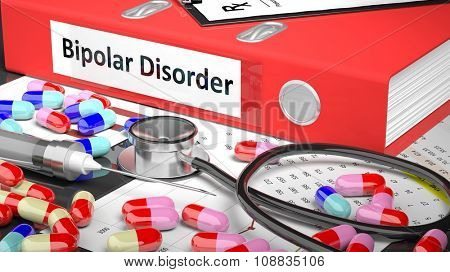 Illustration of doctor's desktop with different pills, capsules, statoscope, syringe, red folder with label 'Bipolar Disorder'
