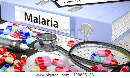 Illustration of doctor's desktop with different pills, capsules, statoscope, syringe, light blue folder with label 'Malaria'