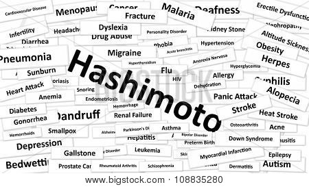 A disease called Hashimoto written in bold type. Black and white words