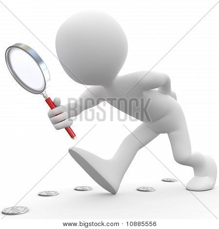 Hombre con lupa buscando monedas