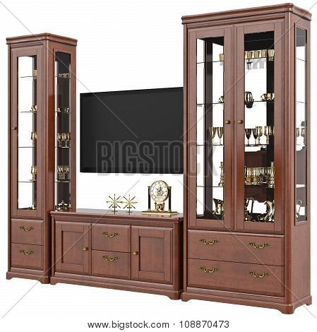 Buffet with dishes and dresser of drawers
