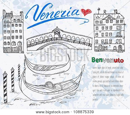 Venice Italy Sketch Elements. Hand Drawn Set With Flag, Map, Gondolas, Houses, Market Bridge. Letter