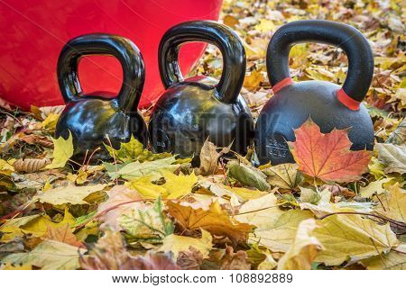 black iron exercise kettlebells with red  Swiss ball and maple leaves - outdoor  fitness concept