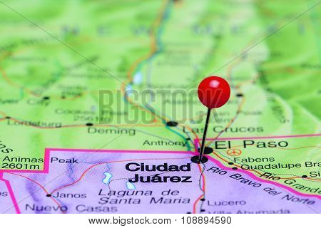 Ciudad Juarez pinned on a map of Mexico