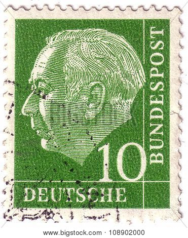 Germany - Circa 1954: A Postage Stamp Printed In Germany With Portrait Image Of Theodor Heuss, Presi