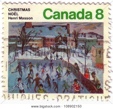 Canada - Circa 1974: A Stamp Printed In The Canada Shows Skaters At Hull, Painting By Henri Masson,