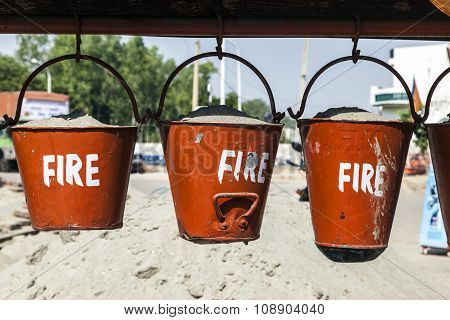 Bucket With Sand In A Petrol Station For Fire Fighting