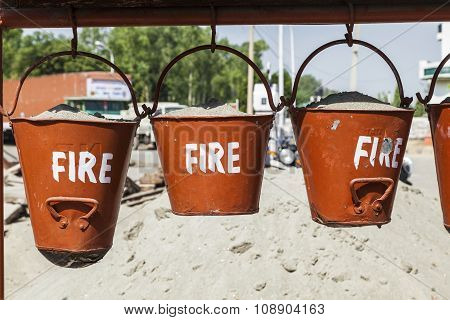 Bucket With Sand In A Petrol Station For Fire Fighting