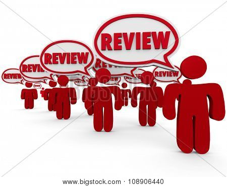 Review word in speech bubbles over the heads of people or critics sharing their views, feedback, comments or opinions