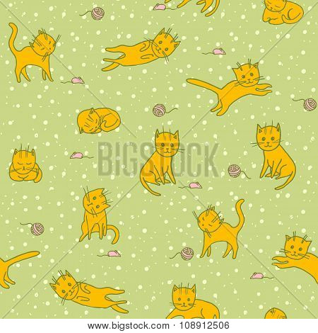 Cute Playng Cats Seamless Pattern.