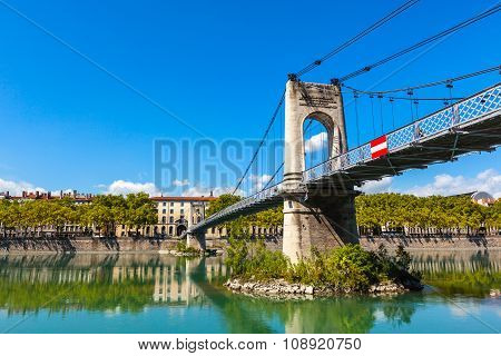 Old Passerelle Du College Bridge Over Rhone River In Lyon, France